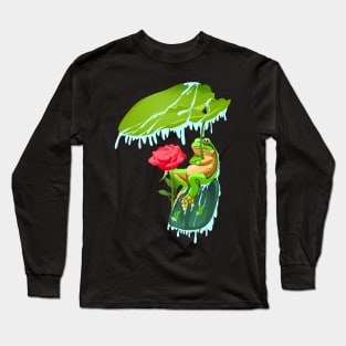 illustration of a green frog holding a leaf Long Sleeve T-Shirt